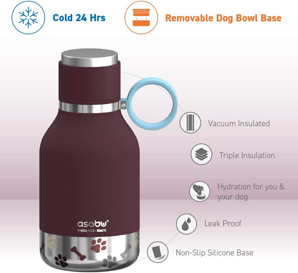 Dog Bowl Attached to Stainless Steel Insulated Travel Bottle